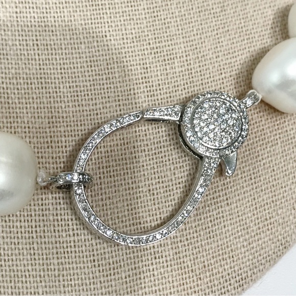 Real 14mm Pearl Necklace Large CZ Clasp Pave Crystal 21" Hand Knotted Chunky VTG - Picture 12 of 15